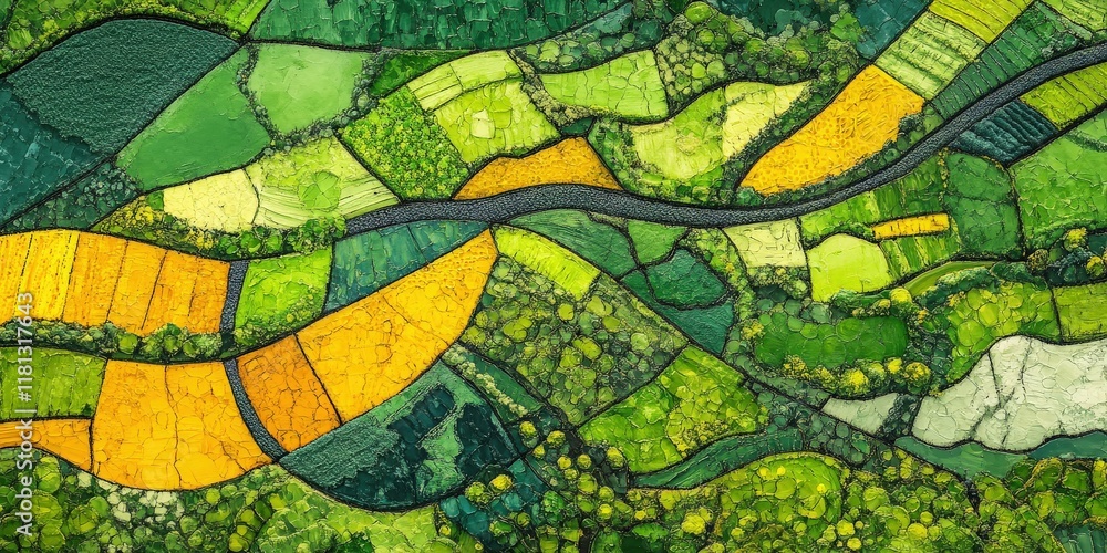 Obraz premium Aerial panorama of patchwork fields with vibrant green and yellow crops