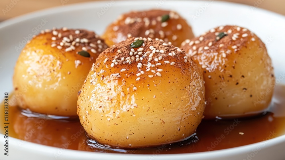 Soft honey-drenched loukoumades topped with a sprinkle of cinnamon and sesame seeds, served warm on a white plate Soft honey-drenched loukoumades topped with a sprinkle of cinnamon and sesame seeds, served warm on a white plate