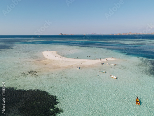 Aerial panoramic view of beach and white sand in Taka Makassar Island, Labuan Bajo, Indonesia. photo