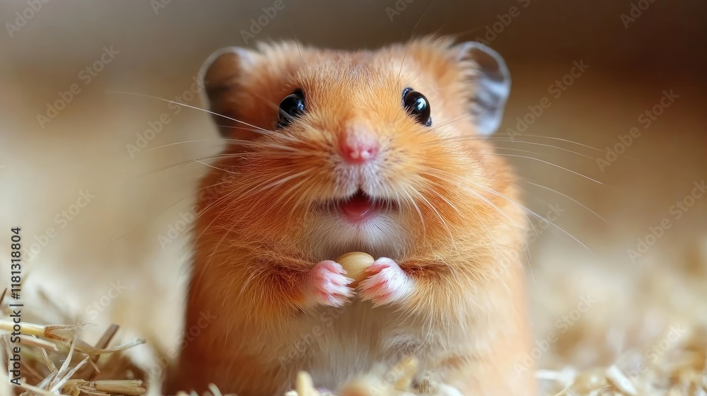 A cute hamster holding a small treat, showcasing its adorable features and expression. A cute hamster holding a small treat, showcasing its adorable features and expression.