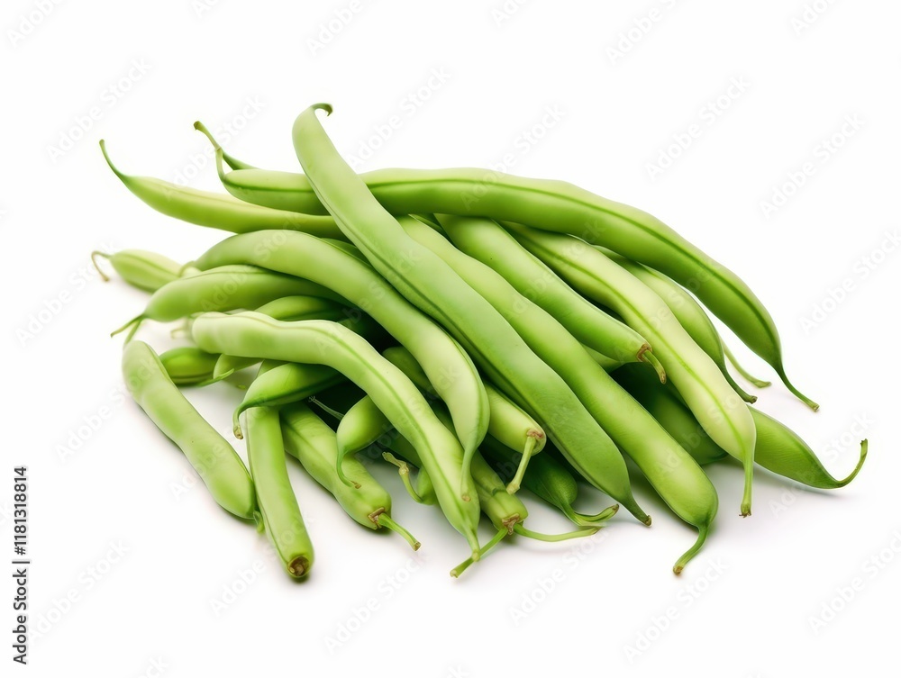 Fresh Raw Green Beans Piled Together on White Background Perfect for Healthy Cooking and Culinary Presentation Fresh Raw Green Beans Piled Together on White Background Perfect for Healthy Cooking and Culinary Presentation