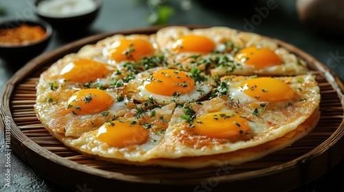 Sweet and chewy khanom buang (Thai crispy pancake) topped with sweet egg yolk threads and coconut cream, arranged on a bamboo mat photo