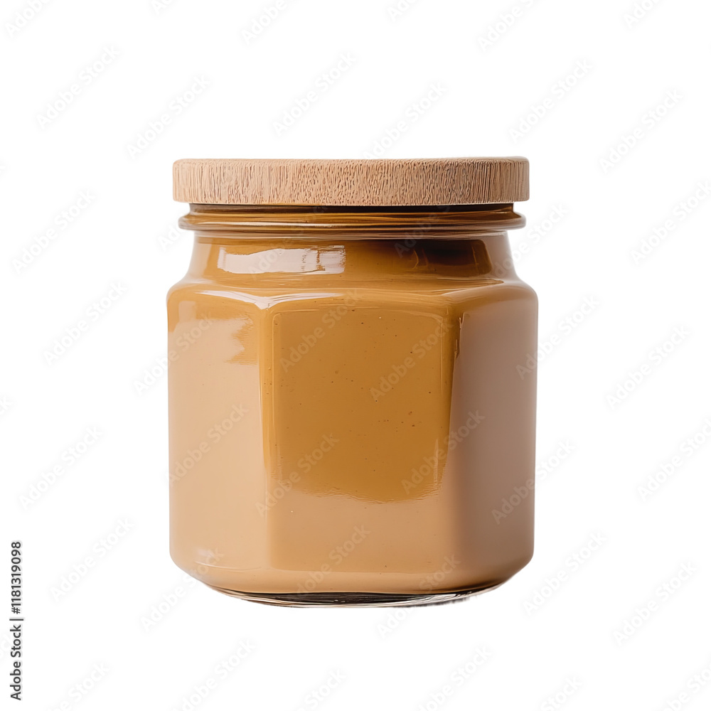 a labelless peanut butter jar with a modern hexagon wide shape jar and wooden cap against white background a labelless peanut butter jar with a modern hexagon wide shape jar and wooden cap against white background