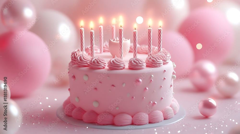 Pastel pink background 3Drendered birthday cake candle center surrounded sparkle soft light Pastel pink background 3Drendered birthday cake candle center surrounded sparkle soft light