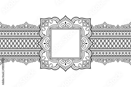 Frame in eastern tradition. Stylized with henna tattoos decorative pattern for decorating covers for book, notebook, casket, magazine, postcard and folder. Flower border in mehndi style.