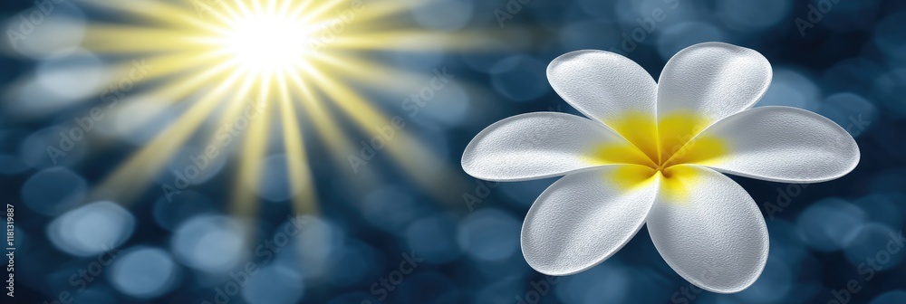 A serene image featuring a white flower and bright sunlight against a blurred background. A serene image featuring a white flower and bright sunlight against a blurred background.