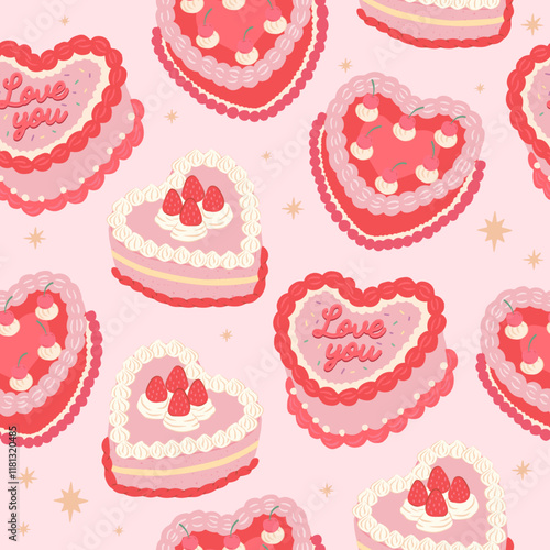 Love Season and Valentines Seamless pattern of heart cake sweet desserts  vector illustration
