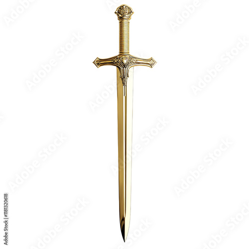a photo of a grand knights sword made completely in shiny gold chrome, white background.