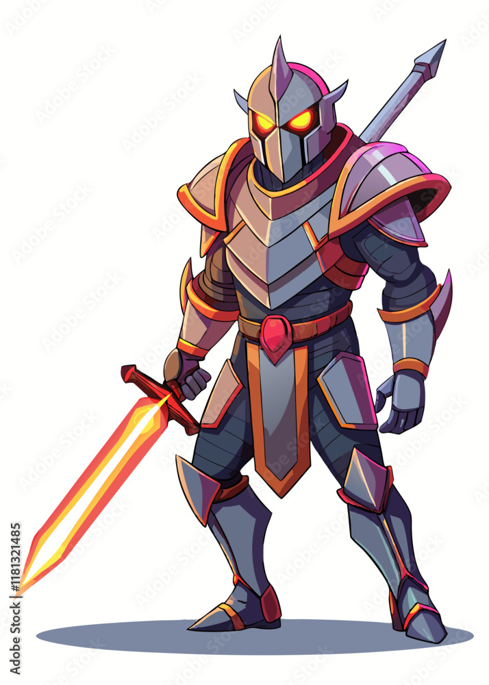 Obraz premium Armored knight with glowing sword in battle-ready stance. Medieval warrior in heavy armor, isolated vector illustration. 