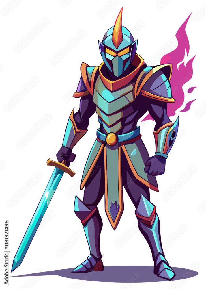 Fototapeta premium Armored knight with glowing sword in battle-ready stance. Medieval warrior in heavy armor, isolated vector illustration. 