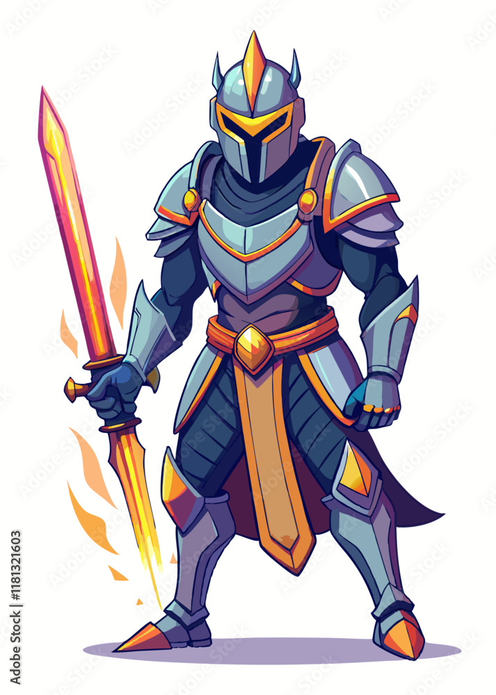 Obraz premium Armored knight with glowing sword in battle-ready stance. Medieval warrior in heavy armor, isolated vector illustration. 