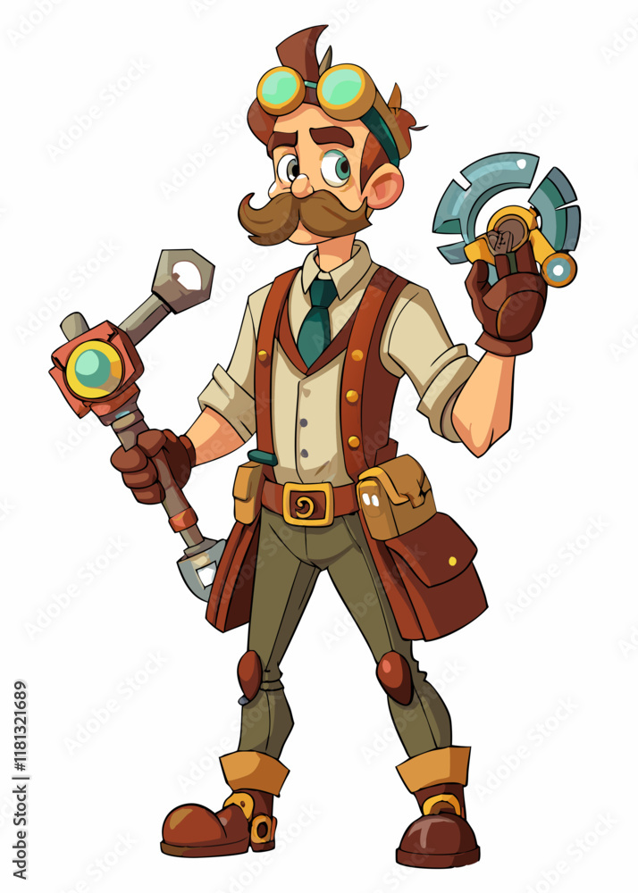 Obraz premium Steampunk engineer with mechanical arms holding a wrench and gadget.
