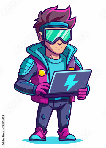 Hacker ciberpunk con gafas de neón trabajando en una computadora portátil. Experto en tecnología futurista en el mundo cibernético, codificando, pirateando y explorando la seguridad digital en un ento