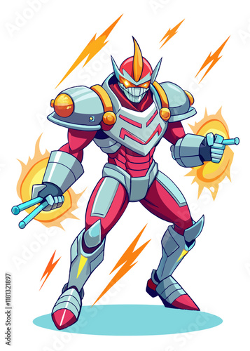 Robotic warrior with plasma cannons charging into battle. Futuristic cyborg soldier with glowing armor, advanced AI, and heavy weaponry, isolated on white background.
