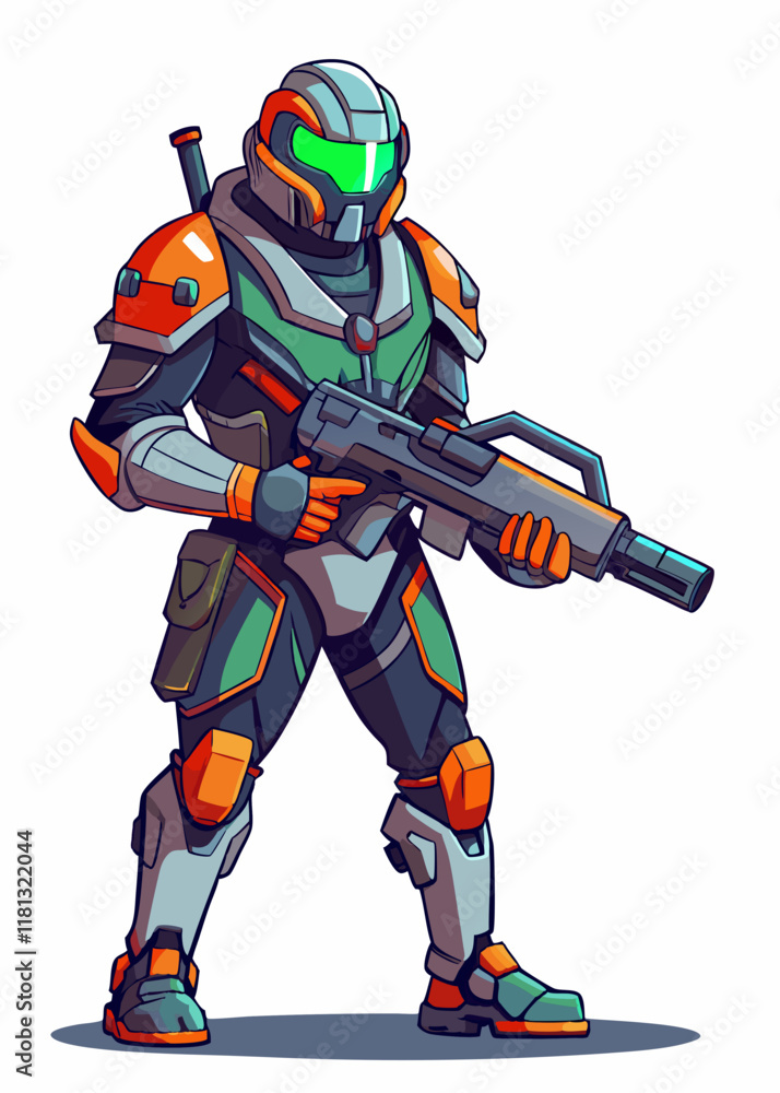 Futuristic soldier in exosuit holding energy rifle, advanced combat warrior in high-tech battle armor, sci-fi military character illustration. Futuristic soldier in exosuit holding energy rifle, advanced combat warrior in high-tech battle armor, sci-fi military character illustration.
