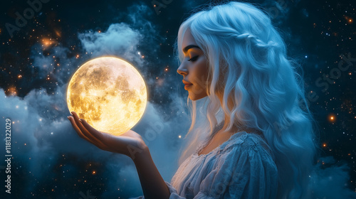 Wallpaper Mural A woman with long, flowing white hair gently holds a luminous, full moon in her hands against a backdrop of a starfilled night sky and clouds Torontodigital.ca