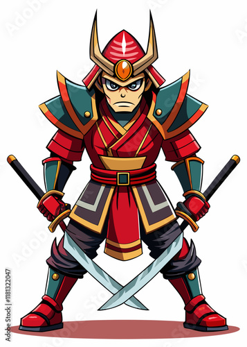 伝統的な鎧を着て二刀流の刀を持ち、戦闘態勢で立っている勇猛果敢な侍戦士。