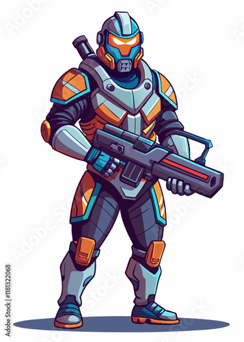  Futuristic soldier in exosuit holding energy rifle, advanced combat warrior in high-tech battle armor, sci-fi military character illustration.