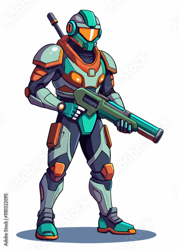  Futuristic soldier in exosuit holding energy rifle, advanced combat warrior in high-tech battle armor, sci-fi military character illustration.