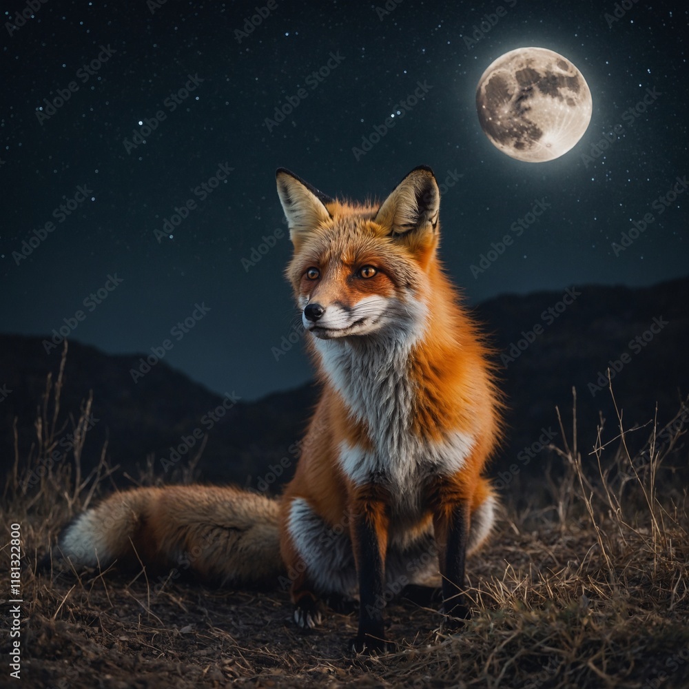 Fototapeta premium A fox staring at the moon on a starry night sky background.