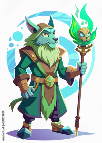 Enigmatic wizard casting a spell with an enchanted staff, surrounded by ethereal spirit energy. Fantasy sorcerer character isolated. Vector illustration.
