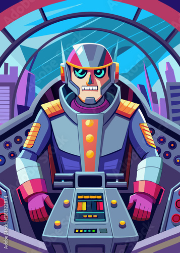 Futuristic mech pilot controlling a towering robot inside an advanced high-tech cockpit. Cybernetic warrior operating a giant mechanical exosuit in a sci-fi control room.