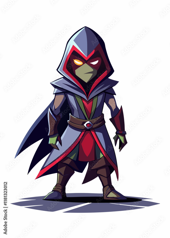 Fototapeta premium Mysterious assassin with glowing eyes standing in sleek suit. Dark rogue warrior isolated, futuristic masked killer character in stylish attire. Vector illustration.