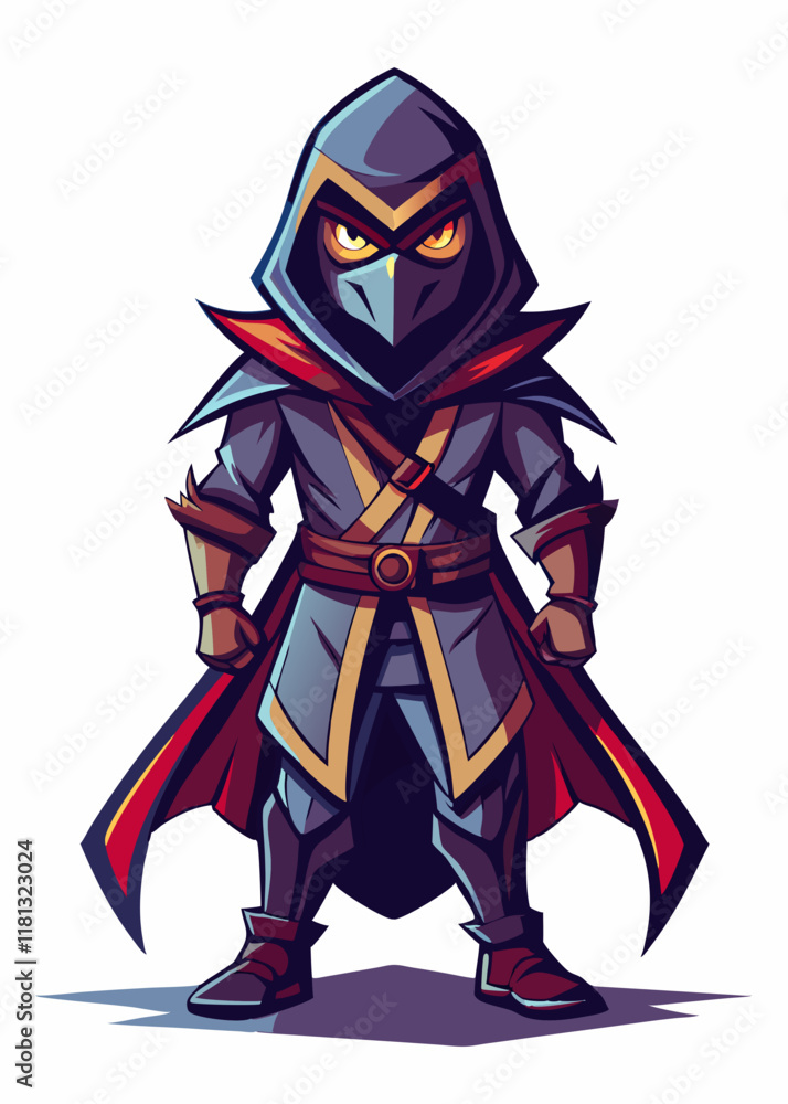 Mysterious assassin with glowing eyes standing in sleek suit. Dark rogue warrior isolated, futuristic masked killer character in stylish attire. Vector illustration. Mysterious assassin with glowing eyes standing in sleek suit. Dark rogue warrior isolated, futuristic masked killer character in stylish attire. Vector illustration.
