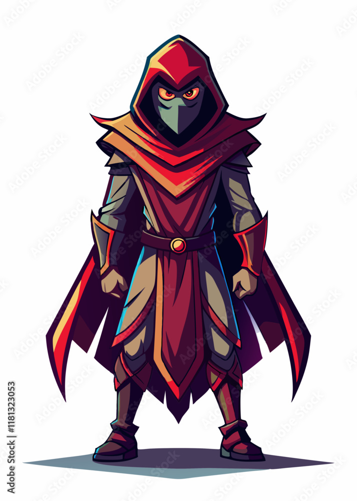 Obraz premium Mysterious assassin with glowing eyes standing in sleek suit. Dark rogue warrior isolated, futuristic masked killer character in stylish attire. Vector illustration.