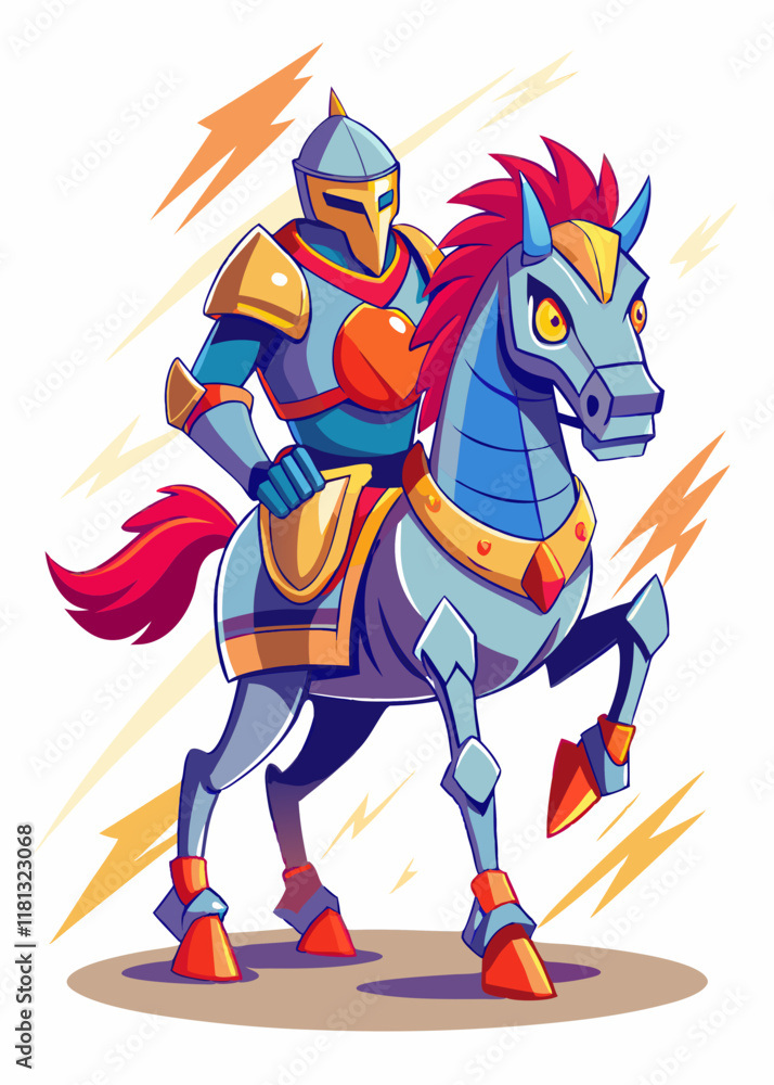Fearless knight in shining armor riding a robotic horse. Futuristic medieval warrior with advanced technology, isolated character. Dynamic vector illustration.
