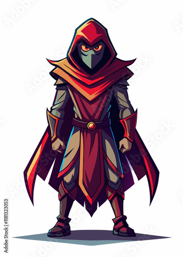 Mysterious assassin with glowing eyes standing in sleek suit. Dark rogue warrior isolated, futuristic masked killer character in stylish attire. Vector illustration.
