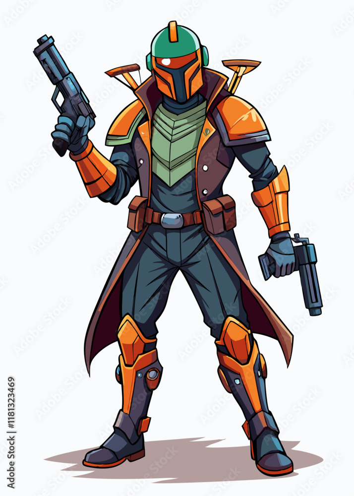 Futuristic hunter with pistols, wearing a high-tech armored suit. Isolated character vector illustration of a sci-fi warrior. Futuristic hunter with pistols, wearing a high-tech armored suit. Isolated character vector illustration of a sci-fi warrior.