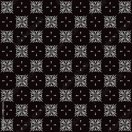 White floral pattern on a black background, arranged in an orderly fashion, creating a luxurious, dimensional, and mysterious feel, suitable for use as a background, wallpaper, or fabric pattern