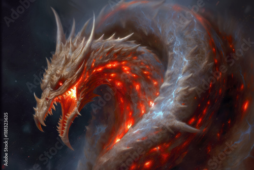 Spiral red dragon with long fangs breathing flames in a space environment, AI generated photo