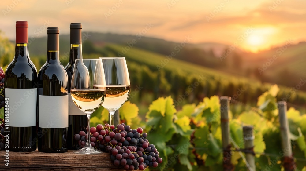 Fototapeta premium Scenic View of Wine Bottles and Glasses at Sunset, Bottles wineglasses grapes concept.