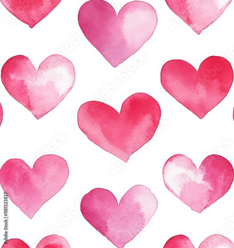 Watercolor pink hearts pattern on a white background, seamless and cute.