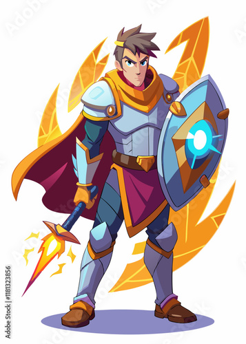 Knight with glowing shield defending allies from danger. Brave warrior in shining armor protecting team with magical energy barrier.

