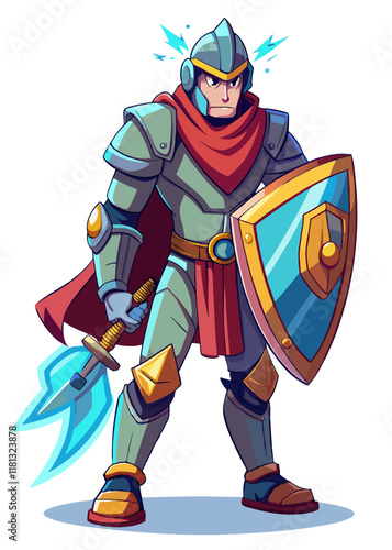 Knight with glowing shield defending allies from danger. Brave warrior in shining armor protecting team with magical energy barrier.


