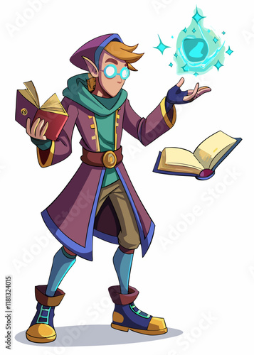 Mystical tech mage casting powerful spells from an ancient spellbook. Futuristic sorcerer with glowing energy, isolated vector illustration.