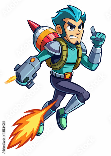 Space pirate warrior with jetpack and dual energy blasters. Sci-fi bounty hunter character in action, futuristic armored mercenary, isolated vector illustration.