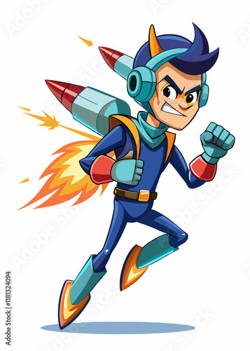 Space pirate warrior with jetpack and dual energy blasters. Sci-fi bounty hunter character in action, futuristic armored mercenary, isolated vector illustration.