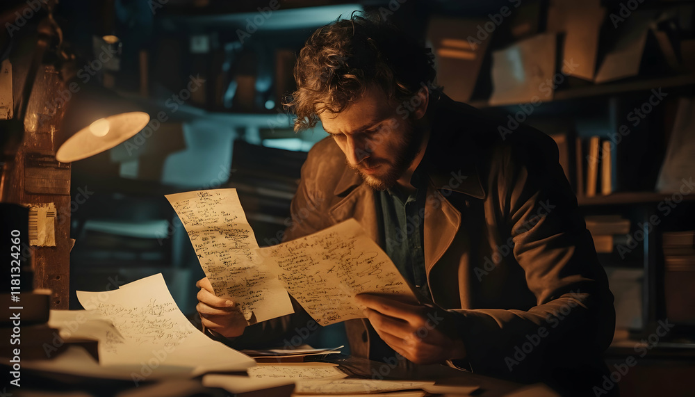 Focused detective analyzing mysterious clues in a dimly lit room filled with cryptic notes - Focused detective analyzing mysterious clues in a dimly lit room filled with cryptic notes -