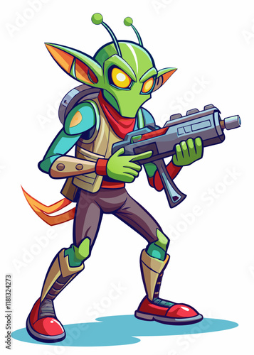 Armed alien bounty hunter with plasma rifle tracking target. Futuristic sci-fi mercenary character in high-tech armor, isolated vector illustration.