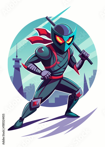 Robot ninja warrior stealthily moving through a futuristic cyber city with glowing neon lights. Sci-fi cybernetic assassin armed with a katana blade in an action pose.

