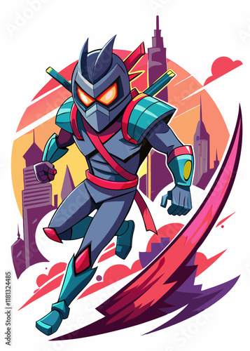Robot ninja warrior stealthily moving through a futuristic cyber city with glowing neon lights. Sci-fi cybernetic assassin armed with a katana blade in an action pose.

