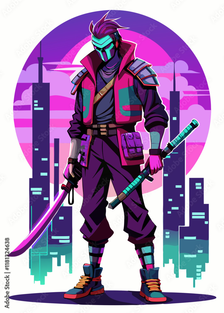 Futuristic cyberpunk samurai with glowing katana in neon-drenched dystopian city. High-tech armored warrior standing alone in sci-fi city. Futuristic cyberpunk samurai with glowing katana in neon-drenched dystopian city. High-tech armored warrior standing alone in sci-fi city.