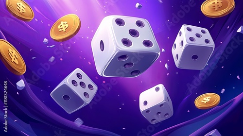 Floating dice with golden coins on a vibrant purple background, dynamic composition for mobile game interface or promotional design photo