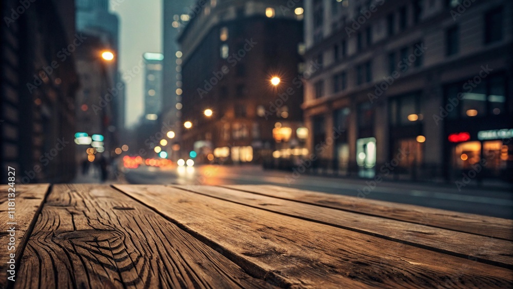 Wooden table and in background Nighttime urban street view with traffic and city lights Wooden table and in background Nighttime urban street view with traffic and city lights
