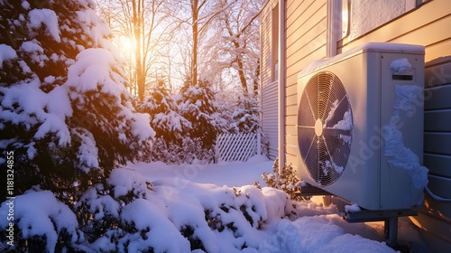A heat pump on the side of an electric house in winter, with snow-covered ground and trees under sunset lighting
