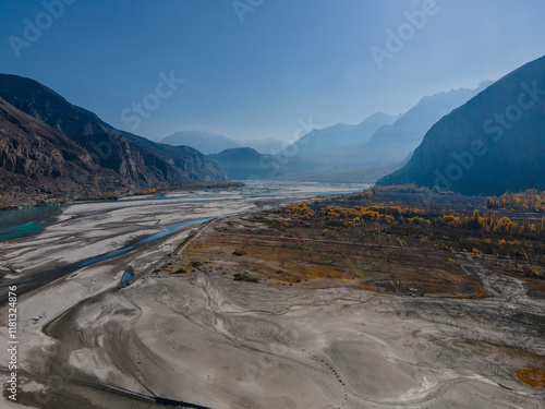 Aerial view of breathtaking Barah Valley with majestic mountains and a serene river, Khaplu, Ghanche District, Pakistan. photo